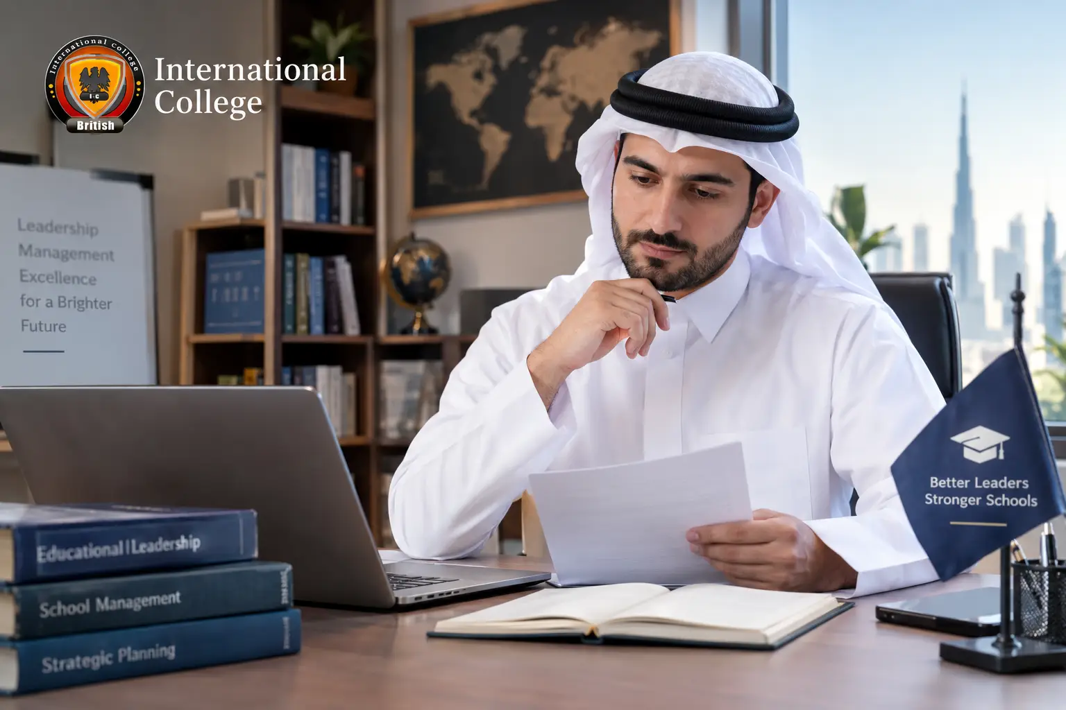 A Gulf educational professional reviewing requirements for a school principal qualification online.